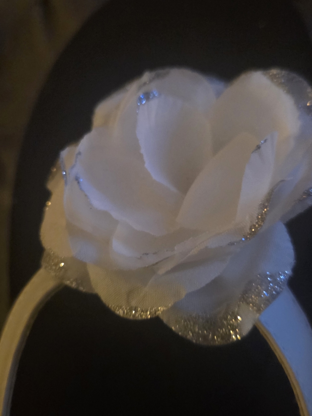 Elegant White Floral Headband with Silver Glitter Edging